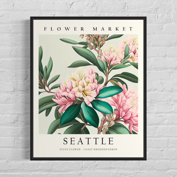 Seattle Washington Flower Market Art Print, Seattle, Coast Rhododendron Wall Art, Botanical Pastel Artwork