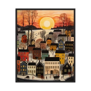 Cityscape At Sunset Scenery Landscape Poster Art Print, American Folk Art Wall Art Decor, Naive Painting Gifts