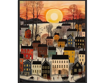 Cityscape At Sunset Scenery Landscape Poster Art Print, American Folk Art Wall Art Decor, Naive Painting Gifts