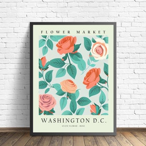 Washington D.C. State Flower, Minnesota Flower Market Art Print, Rose 1960's Wall Art, Neutral Botanical Pastel Artwork