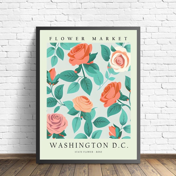Fiore dello stato di Washington D.C., stampa artistica del mercato dei fiori del Minnesota, arte da parete delle rose degli anni '60, opera d'arte pastello botanica neutra