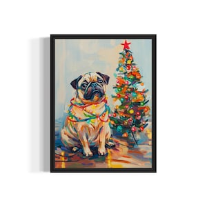 May include: A pug dog wearing a string of colorful Christmas lights around its neck sits in front of a decorated Christmas tree. The dog is looking at the viewer with a curious expression.