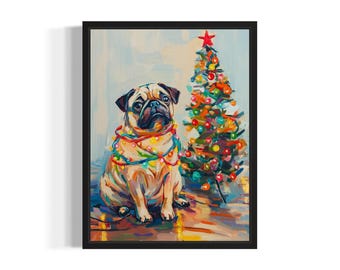 Pug Dog Tangled in Christmas Lights Poster Art Print, Animals Wall Art Painting Decor, Holiday Season Xmas Posters