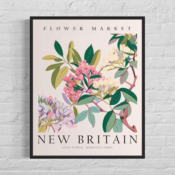 New Britain Connecticut Flower Market Art Print, New Britain Flower, Mountain Laurel Wall Art, Botanical Pastel Artwork