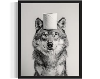 Wolf in Restroom Poster Art Print, Animal Wall Art Decor Painting Bathroom