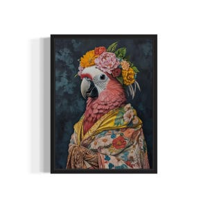 Parrot Poster Art Print, Animal Flowers in Kimono Wall Art Decor Painting Artwork