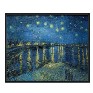 May include: A painting of a starry night sky over a river with a town in the distance. The water is reflecting the lights of the town and the stars. The painting is done in a style that is characteristic of Vincent van Gogh.