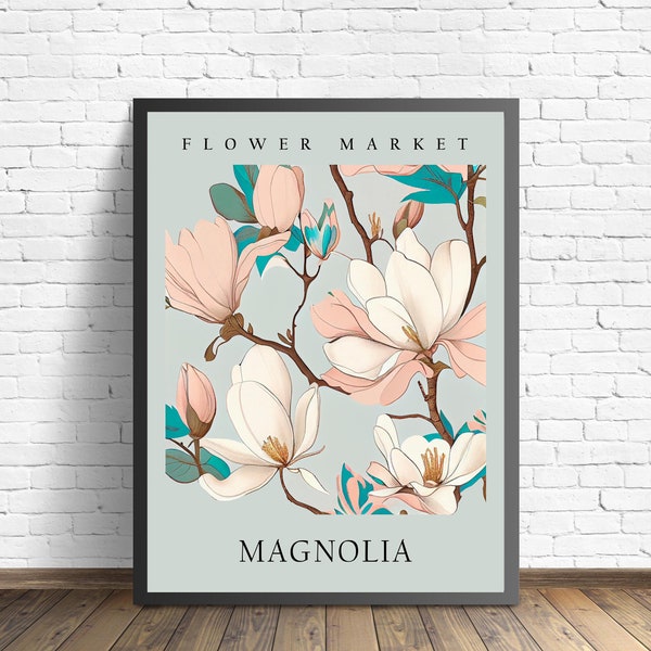 Magnolia Flower Market Art Print, Magnolia Wall Art, Botanical Pastel Artwork