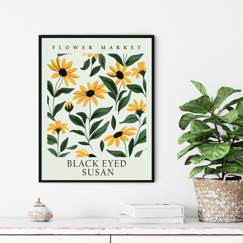 May include: A framed botanical print featuring a pattern of yellow black-eyed Susan flowers and green leaves on a light green background. The print has the text "FLOWER MARKET" at the top and "BLACK EYED SUSAN" at the bottom.