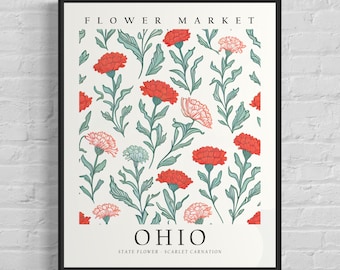 Ohio State Flower, Ohio Flower Market Art Print, Scarlet Carnation 1960's Wall Art , Neutral Botanical Pastel Artwork