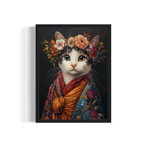 Cat Poster Art Print, Animal Flowers in Kimono Wall Art Decor Painting Artwork