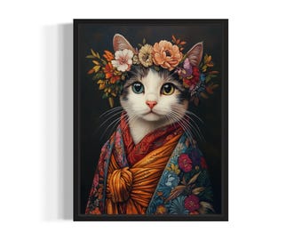 Cat Poster Art Print, Animal Flowers in Kimono Wall Art Decor Painting Artwork