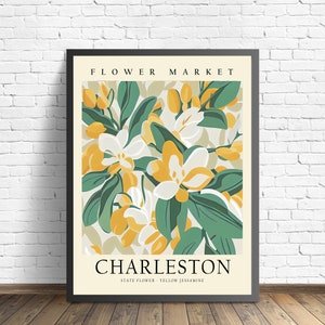 Charleston South Carolina Wild Flower Market Art Print, Charleston Flower Wall Art, gele Jessamine botanische pastelkunstwerken