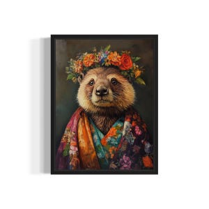 Beaver Poster Art Print, Animal Flowers in Kimono Wall Art Decor Painting Artwork