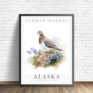 Alaska State Bird Art Print, Alaska State Flower - Forget me Not, Alaska Wall Art, Home Decor