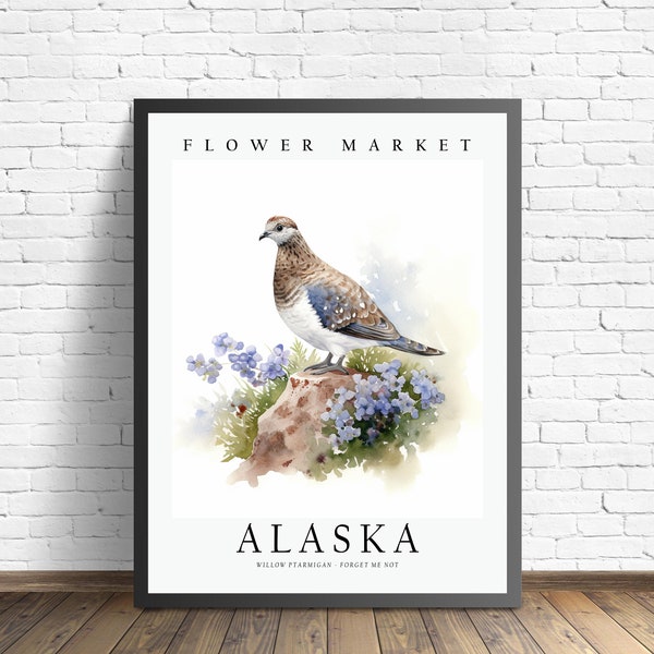 Alaska State Bird Art Print, Alaska State Flower - Forget me Not, Alaska Wall Art, Home Decor