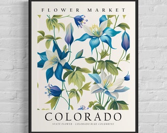 Colorado State Flower, Colorado Flower Market Art Print, Blue Columbine 1960's Wall Art , Neutral Botanical Pastel Artwork