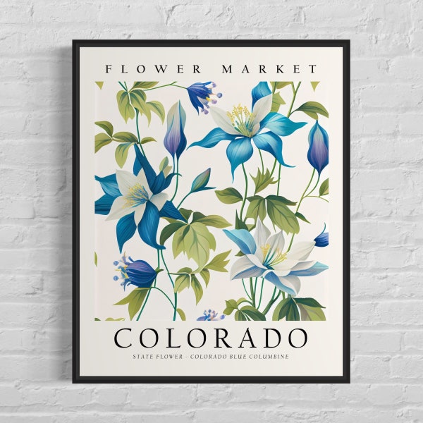 Fiore dello stato del Colorado, stampa artistica del mercato dei fiori del Colorado, arte della parete della Colombina blu degli anni '60, opera d'arte pastello botanica neutra