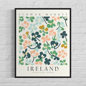 Ireland National Flower, Ireland Flower Market Art Print, Shamrock 1960&#39;s Wall Art , Neutral Botanical Pastel Artwork
