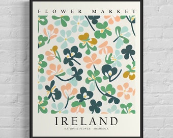 Ireland National Flower, Ireland Flower Market Art Print, Shamrock 1960's Wall Art , Neutral Botanical Pastel Artwork