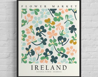 Ireland National Flower, Ireland Flower Market Art Print, Shamrock 1960&#39;s Wall Art , Neutral Botanical Pastel Artwork