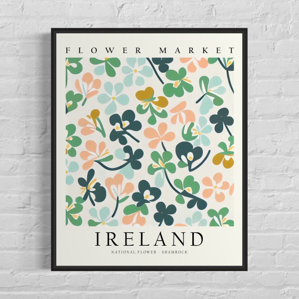Ireland National Flower, Ireland Flower Market Art Print, Shamrock 1960's Wall Art , Neutral Botanical Pastel Artwork