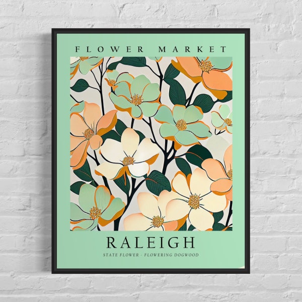 Raleigh North Carolina Flower Market Art Print, Raleigh, Flowering Dogwood Wall Art, Botanical Pastel Artwork