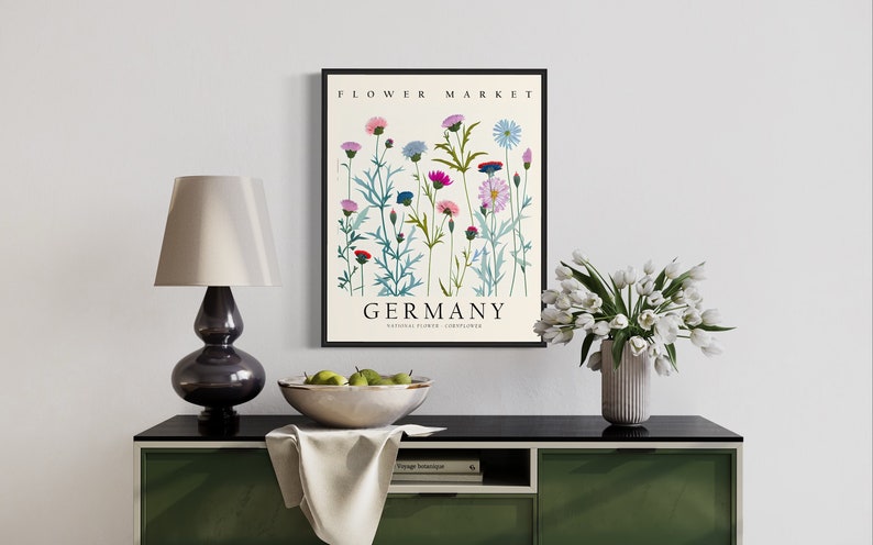 Germany National Flower, Germany Flower Market Art Print, Cornflower 1960's Wall Art , Neutral Botanical Pastel Artwork image 6