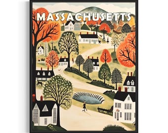 Cartaz de paisagem de Massachusetts e Motto, arte impressa, decoração de parede de arte popular americana, presentes de pintura ingênua