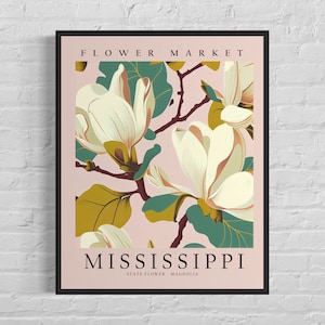 Mississippi State Flower, Mississippi Flower Market Art Print, Magnolia 1960's Wall Art, Neutral Botanical Pastel Artwork