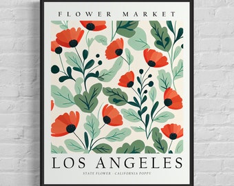 Impression d'art du marché aux fleurs de Los Angeles en Californie, fleur de Los Angeles, art mural pavot de Californie, oeuvre d'art botanique pastel