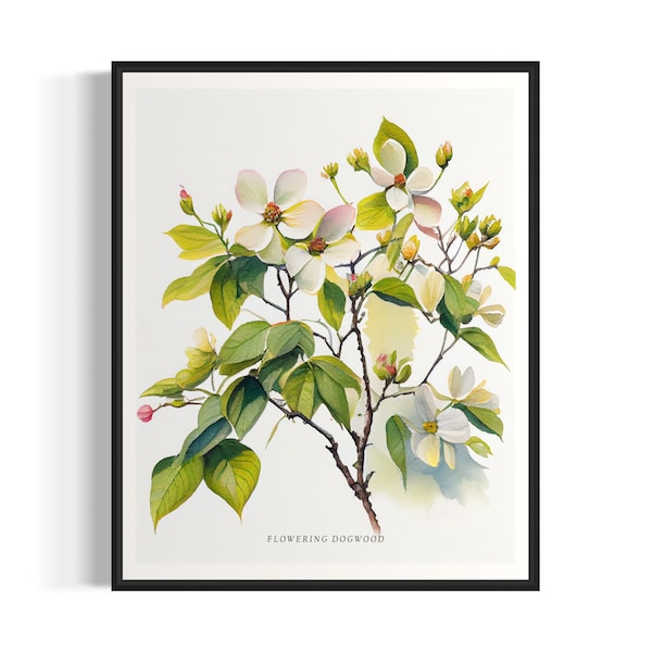Impresión de arte del árbol de cornejo floreciente, cartel de arte de pared del árbol de cornejo floreciente
