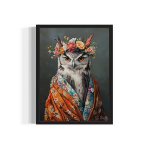 Owl Poster Art Print, Animal Flowers in Kimono Wall Art Decor Painting Artwork