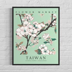 Taiwan National Blume, Taiwan Blumenmarkt Kunstdruck, Pflaumenblüte 1960er Jahre Wandkunst, Neutrales Botanisches Pastell Kunstwerk