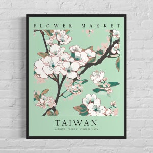 Taiwan National Flower, Taiwan Flower Market Art Print, Plum Blossom 1960's Wall Art , Neutral Botanical Pastel Artwork