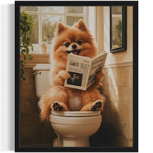 Pomeranian on Toilet Poster Art Print, Dog Restroom Humor Wall Art Decor, Dog Lover, Pet Bathroom Decor