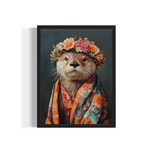 Sea Otter Poster Art Print, Animal Flowers in Kimono Wall Art Decor Painting Artwork Bedroom Decor