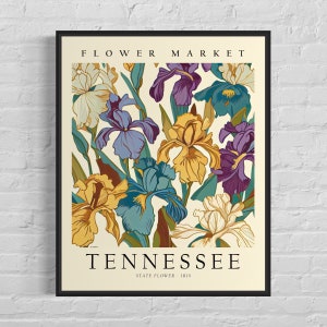 Tennessee State Flower, Blumenmarkt von Tennessee Kunstdruck, Iris Flower 1960er Jahre, Neutrales botanisches Pastellkunstwerk