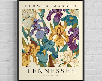 Tennessee State Flower, Tennessee Flower Market Art Print, Iris Flower 1960's Wall Art , Neutral Botanical Pastel Artwork
