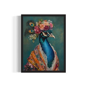 Peacock Poster Art Print, Animal Flowers in Kimono Wall Art Decor Painting Artwork