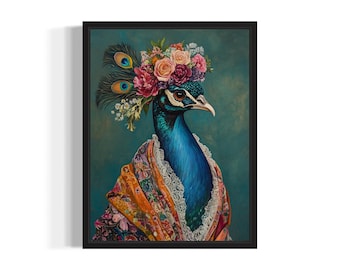 Pfau Poster Art Print, Tier Blumen im Kimono Wand Kunst Dekor Malerei Kunstwerk