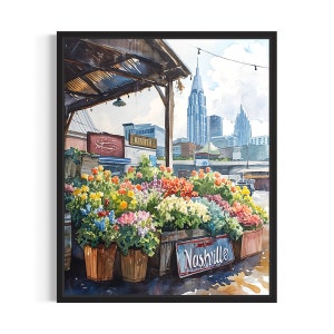 Nashville Flower Market Poster Art Print, Neutral Botanical Pastel Artwork Wall Art Painting Bedroom, Restroom Decor image 1