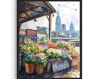 Nashville Flower Market Poster Art Print, Neutral Botanical Pastel Artwork Wall Art Painting Bedroom, Restroom Decor
