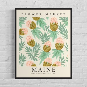 Impresión artística de la flor del estado de Maine, mercado de flores de Maine, arte mural de piña blanca de los años 60, obra de arte botánica en tonos pastel neutros