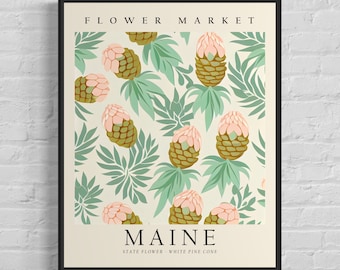 May include: A vintage-style poster with a floral pattern featuring pink and green flowers. The poster says "Flower Market" and "Maine" with the text "State Flower - White Pine Cone" below.