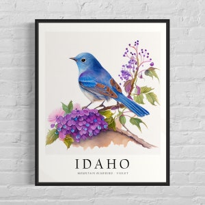 Impresión artística de pájaro del estado de Idaho, flor del estado de Idaho, arte de pared de Idaho, decoración del hogar