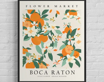 Boca Raton Florida Flower, Boca Raton Flower Market Art Print, Orange Blossom 1960's Wall Art , Neutral Botanical Pastel Artwork