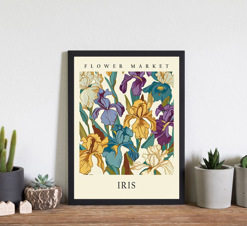 May include: A vintage-style poster with a floral design featuring a variety of irises in shades of purple, yellow, and blue. The poster has the text "FLOWER MARKET" and "IRIS" printed on it.