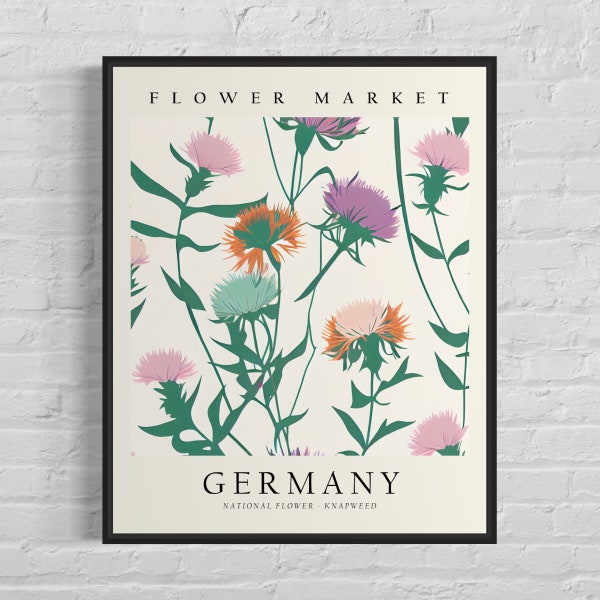 Deutschland Blumenmarkt Kunstdruck, Deutschland Blume, Flockenblume Wandkunst, Botanische Pastell Malerei