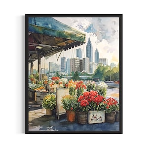 Atlanta Blumenmarkt Poster Kunstdruck, neutrales botanisches Pastell Kunstwerk, Malerei Schlafzimmer, Restroomdekor